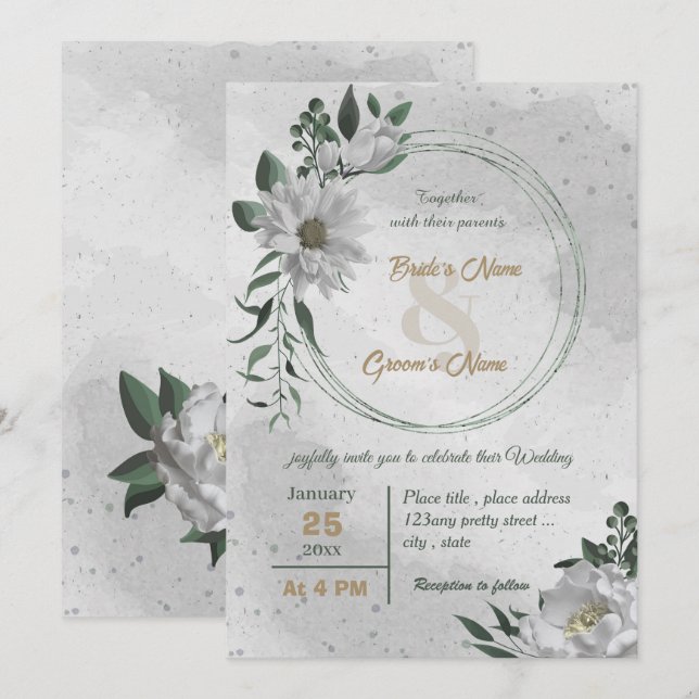 romantic white flowers botanical wedding  invitation (Front/Back)