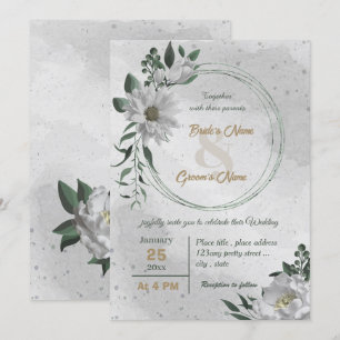 romantic white flowers botanical wedding  invitation