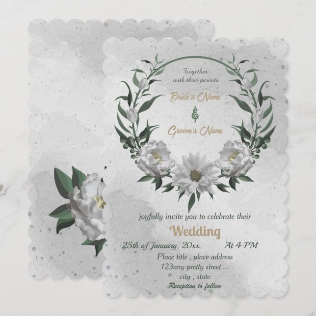romantic white flowers botanical wedding  invitation (Front/Back)