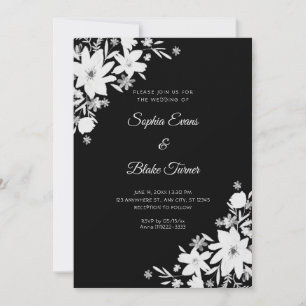 Romantic White Flowers Floral Black Wedding Invitation