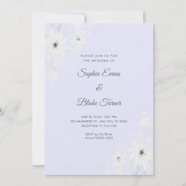 Romantic White Flowers Floral Lavender Wedding Invitation (Front)