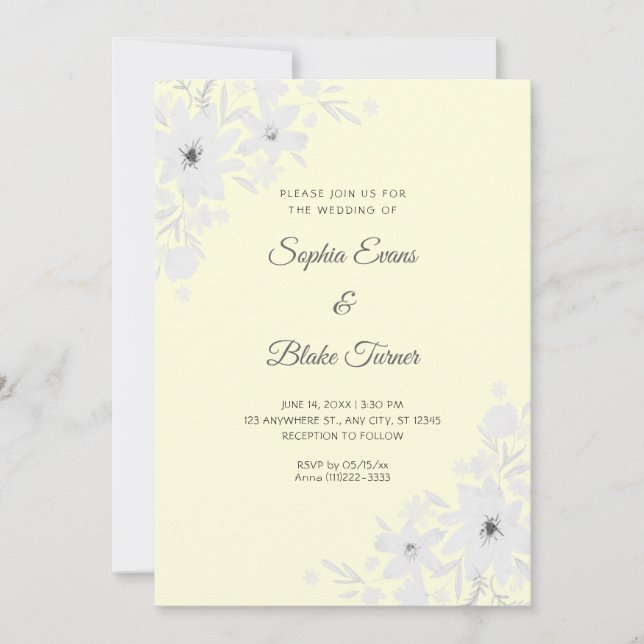 Romantic White Flowers Floral Yellow Wedding Invitation (Front)