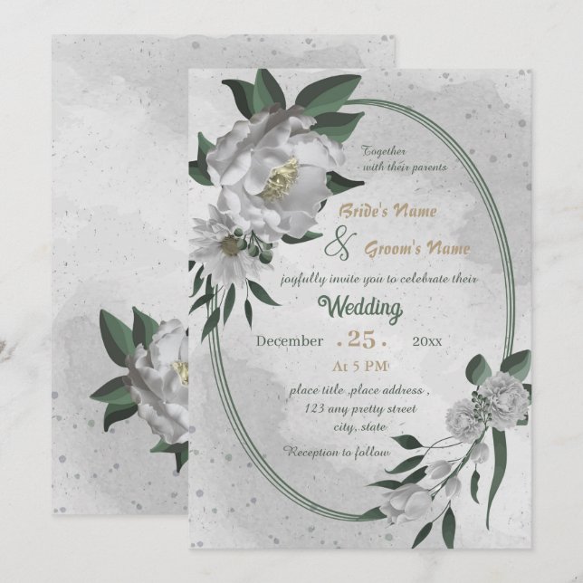 romantic white flowers geometric wedding  invitation (Front/Back)
