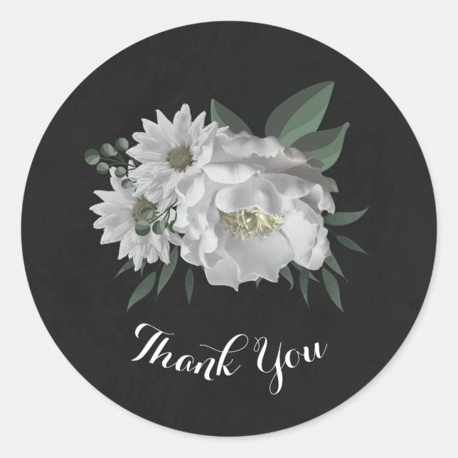 romantic white flowers & green leaves black classic round sticker (Front)