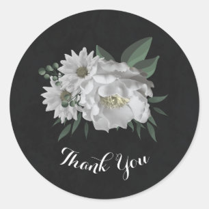 romantic white flowers & green leaves black classic round sticker