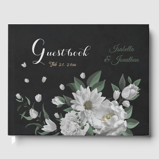 romantic white flowers & green leaves black guest book (Front)