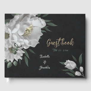 romantic white flowers & green leaves black guest book