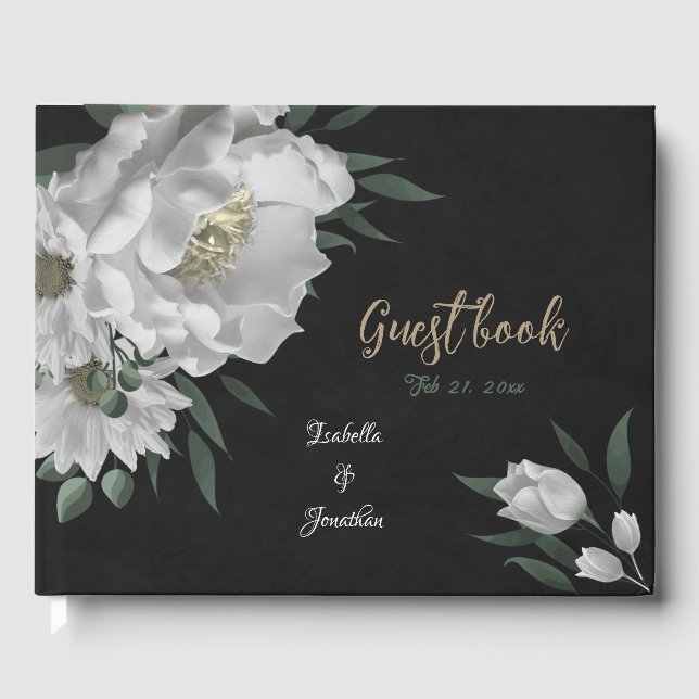 romantic white flowers & green leaves black guest book (Front)