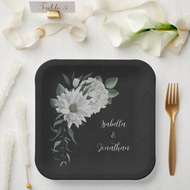 romantic white flowers & green leaves black paper plate (Wedding)