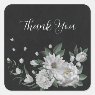 romantic white flowers & green leaves black square sticker