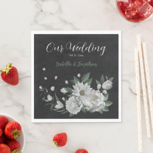 romantic white flowers & green leaves napkin