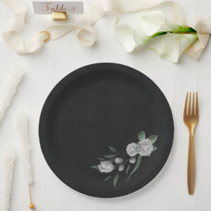 romantic white flowers & green leaves paper plate