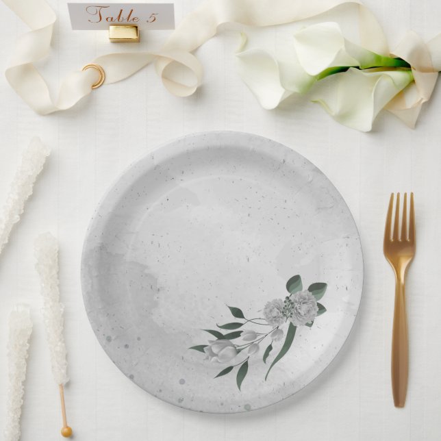 romantic white flowers & green leaves  paper plate (Wedding)
