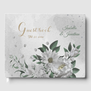 romantic white flowers & green leaves wedding guest book