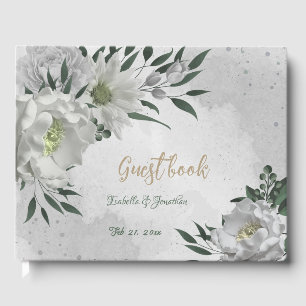 romantic white flowers & green leaves wedding guest book