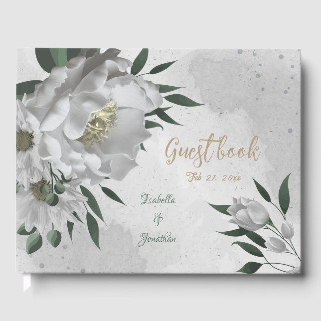 romantic white flowers & green leaves wedding guest book (Front)