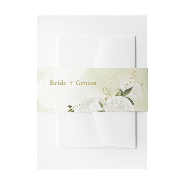 romantic white flowers green leaves wedding invitation belly band (Front Example)