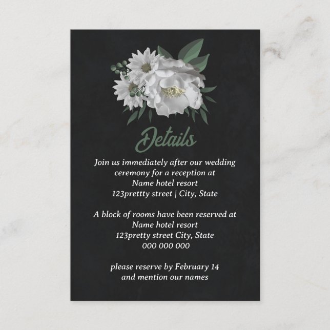 romantic white flowers greenery black enclosure card (Front)