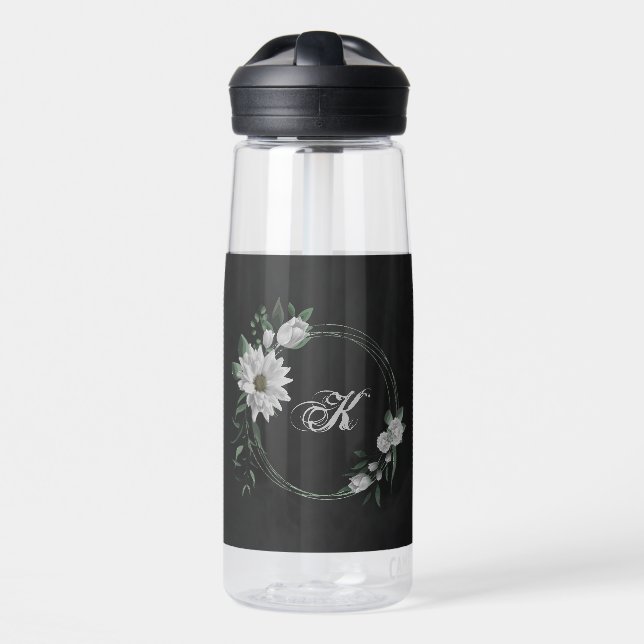 romantic white flowers greenery black water bottle (Front)