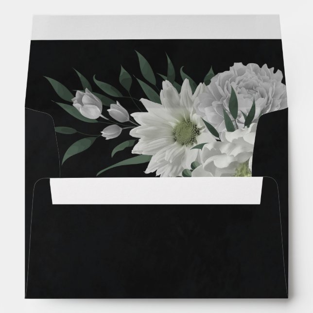 romantic white flowers greenery black wedding envelope (Back (Bottom))