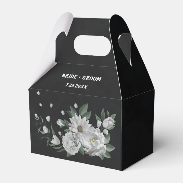 romantic white flowers greenery black wedding favour box (Front Side)