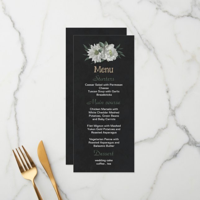 romantic white flowers greenery black wedding menu (Front/Back In Situ)