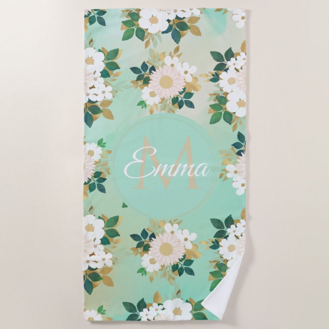 Romantic White Flowers Mint Watercolor Design Beach Towel (Front)