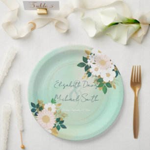 Romantic White Flowers Mint Watercolor Design Paper Plate
