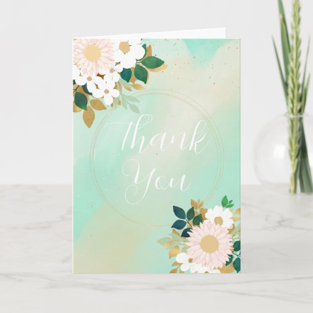 Romantic White Flowers Mint Watercolor Design Thank You Card (Front)