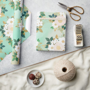 Romantic White Flowers Mint Watercolor Design Wrapping Paper