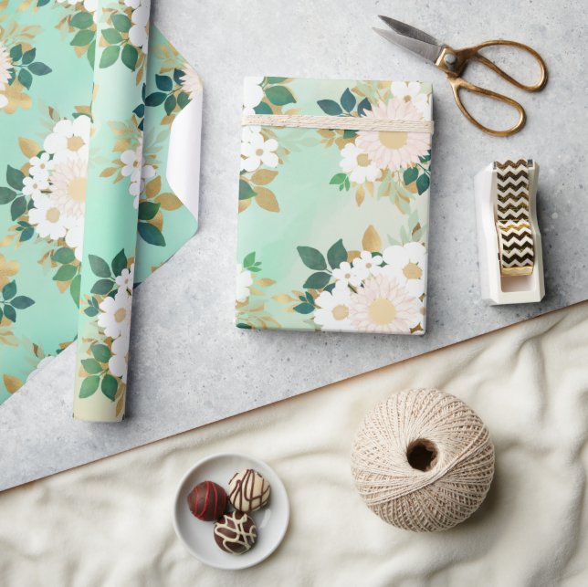 Romantic White Flowers Mint Watercolor Design Wrapping Paper (Crafts)