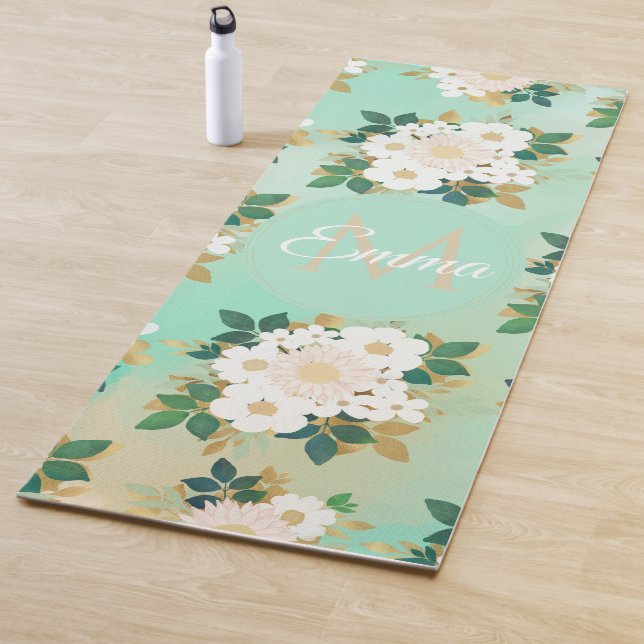 Romantic White Flowers Mint Watercolor Design Yoga Mat (In Situ)