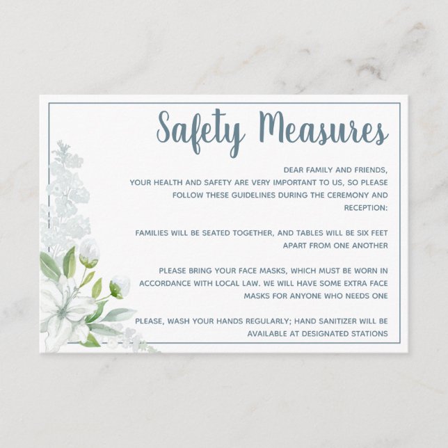 Romantic white flowers safety measures wedding enclosure card (Front)