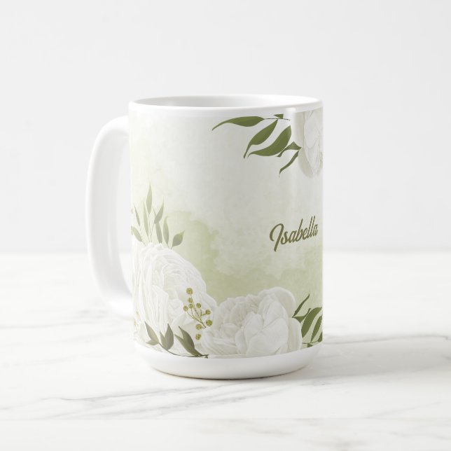 romantic white flowers with pretty green leaves coffee mug (Front Left)