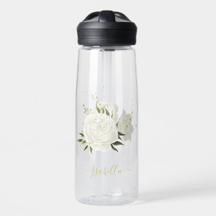 romantic white flowers with pretty green leaves water bottle
