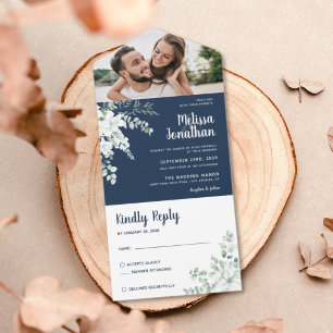 Romantic white gentle flower blue photo wedding all in one invitation