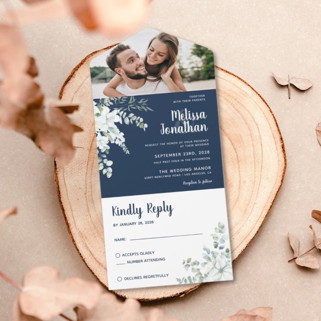 Romantic white gentle flower blue photo wedding all in one invitation (Creator Uploaded)