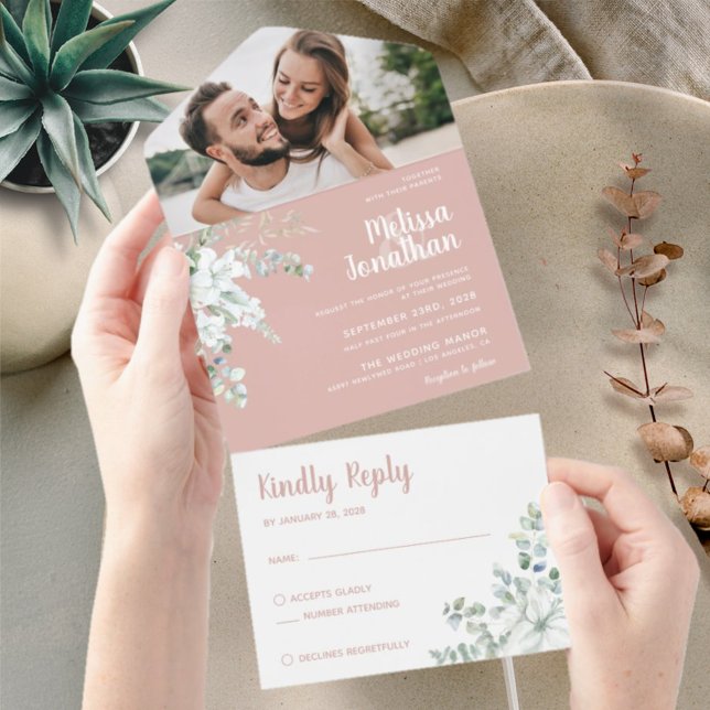 Romantic white gentle flower pink photo wedding all in one invitation (Creator Uploaded)