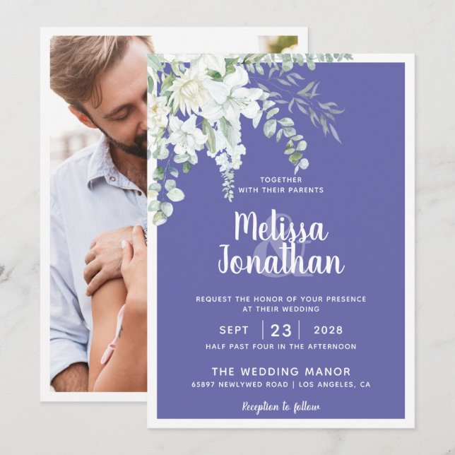 Romantic white gentle flower purple photo wedding invitation (Front/Back)