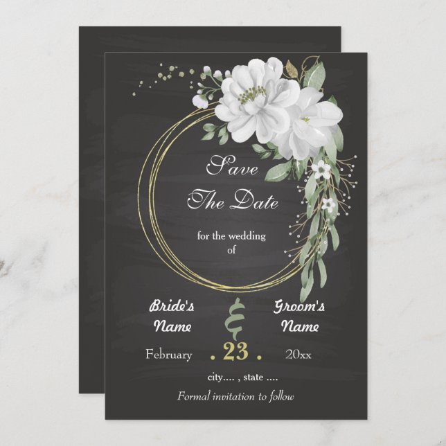 Romantic white greenery floral wreath black save the date (Front/Back)