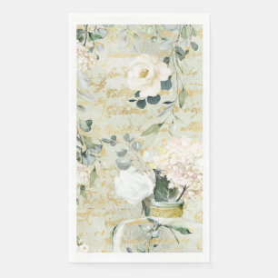 Romantic White Greenery & Gold Botanical Floral Napkin