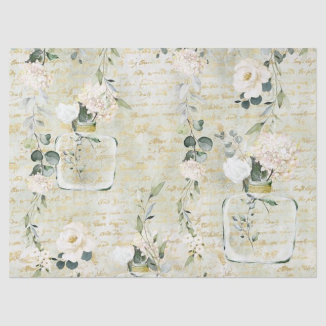 Romantic White Greenery & Gold Botanical Floral Tissue Paper (Front)