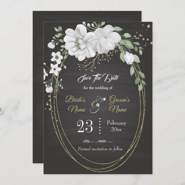 Romantic white greenery oval frame black save the date (Front/Back)