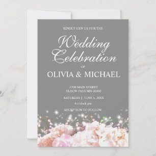 Romantic white & grey lace hydrangeas pink roses invitation