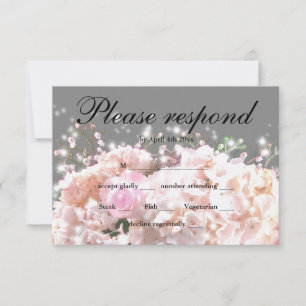 Romantic white & grey lace hydrangeas pink roses  RSVP card