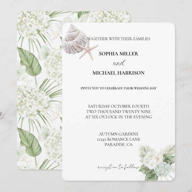Romantic White Hydrangea Flowers Beach Wedding Invitation (Front/Back)