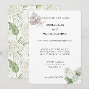 Romantic White Hydrangea Flowers Beach Wedding Invitation