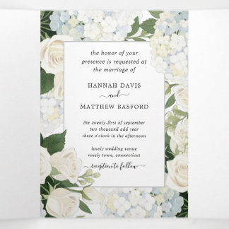 Romantic White Hydrangea Rose Elegant Wedding Tri-Fold Invitation