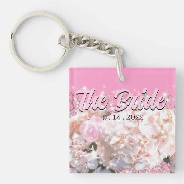 Romantic white lace hydrangeas pink roses Bride Key Ring (Front)