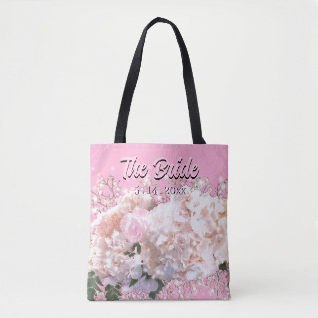 Romantic white lace hydrangeas pink roses Bride Tote Bag (Front)